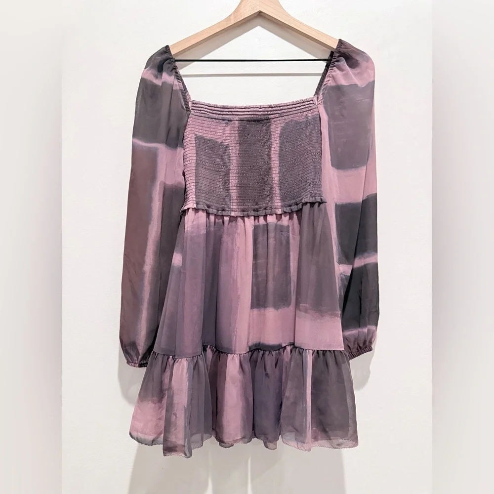Wilfred Aritzia Tempest Smocked Mini Dress Mauve Abstract Print XS